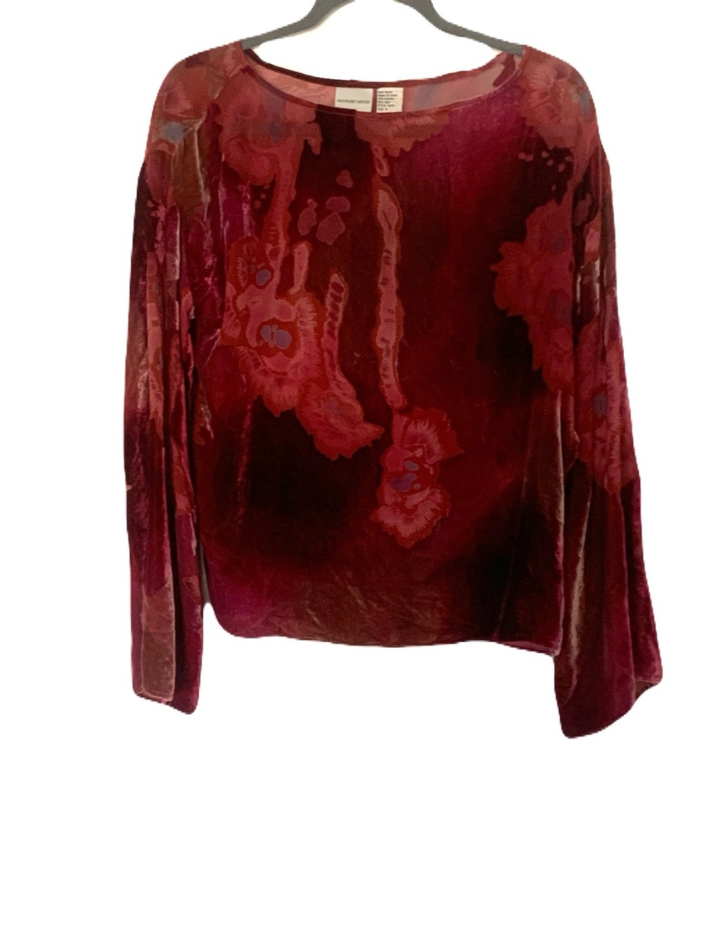Newport News 4 Y2K Wine Red Velvet Floral Burnout Silk Blend Long-Sleeve Blouse